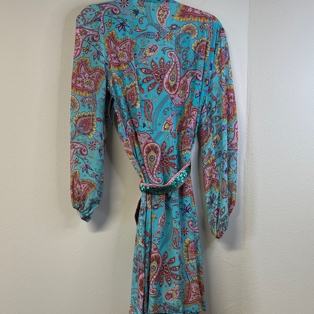 NWT Boston Proper Beach Turquoise Paisley Embellished Printed Wrap Dress Size S - Picture 7 of 10